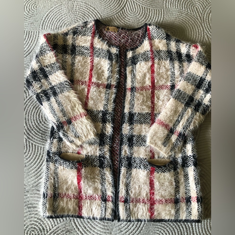 Katsumi Plaid eyelash Cardigan Sweater.